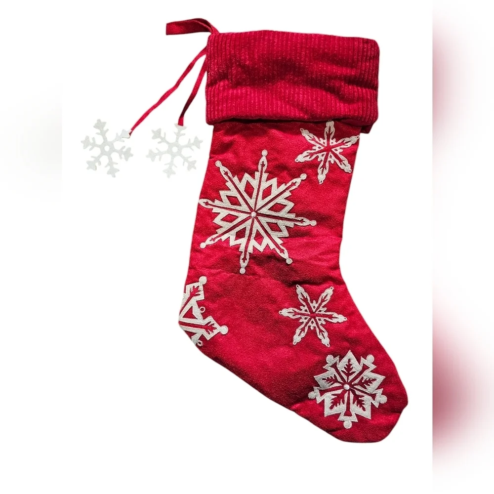 2 Holiday Stockings, Red and Cream with Embroidered Snowflakes